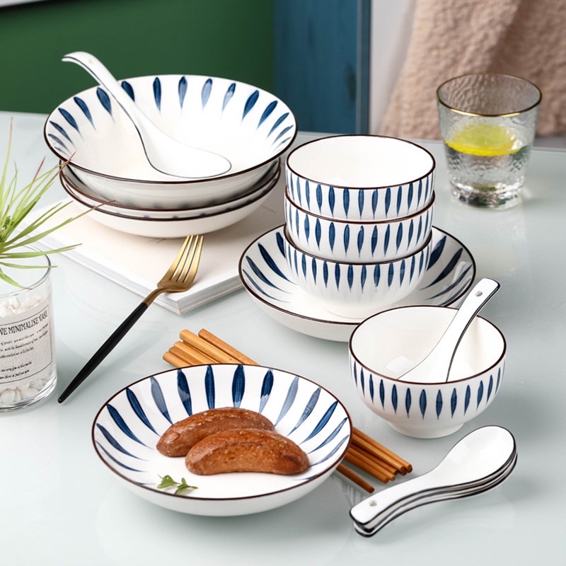 Bộ bát đĩa xanh lam bốn hoạ tiết, bát đĩa phong cách Nhật, bát đĩa decor