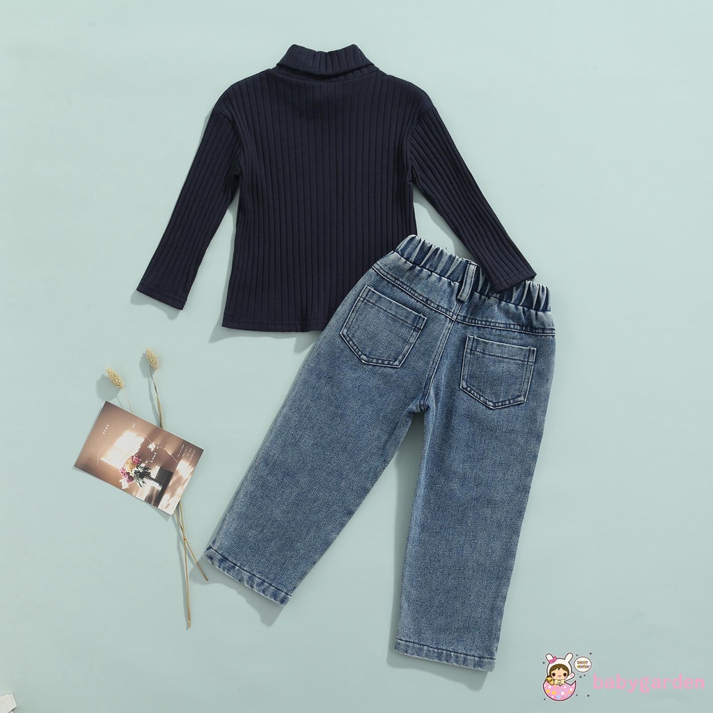 Áo Len Cổ Lọ Tay Dài Màu Trơn + Quần Denim Thời Trang Mùa Thu Cho Bé Gái 2-7 Tuổi