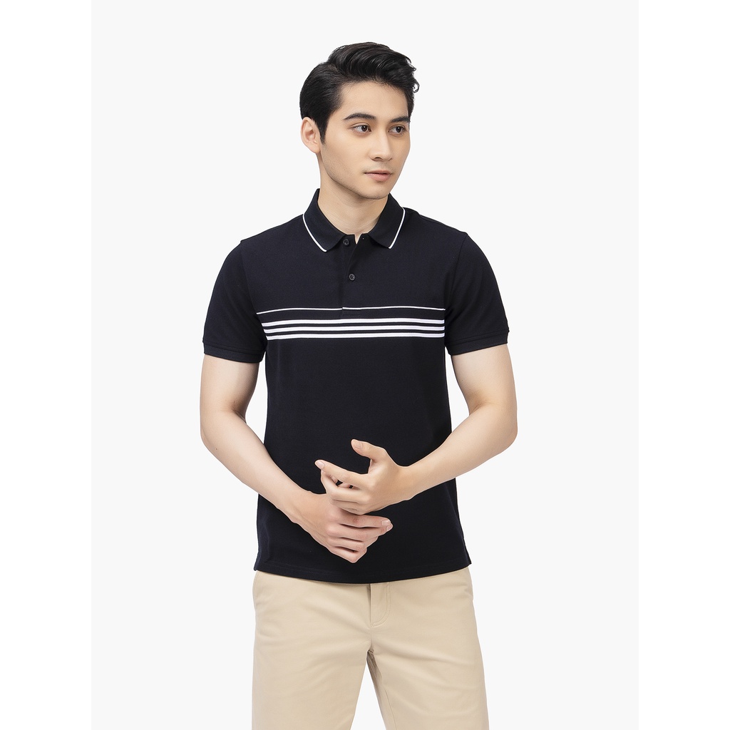 Áo Thun Polo Ngắn Tay Có Cổ Bẻ ARISTINO APS007S2 Áo Phông Nam màu đen kẻ trắng ngang dáng suông vừa vải cotton cao cấp