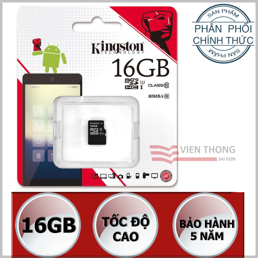 Thẻ nhớ 16gb Kingston 80MB/s  U1 micro SDHC Kingston class 10 - Hãng phân phối chính thức