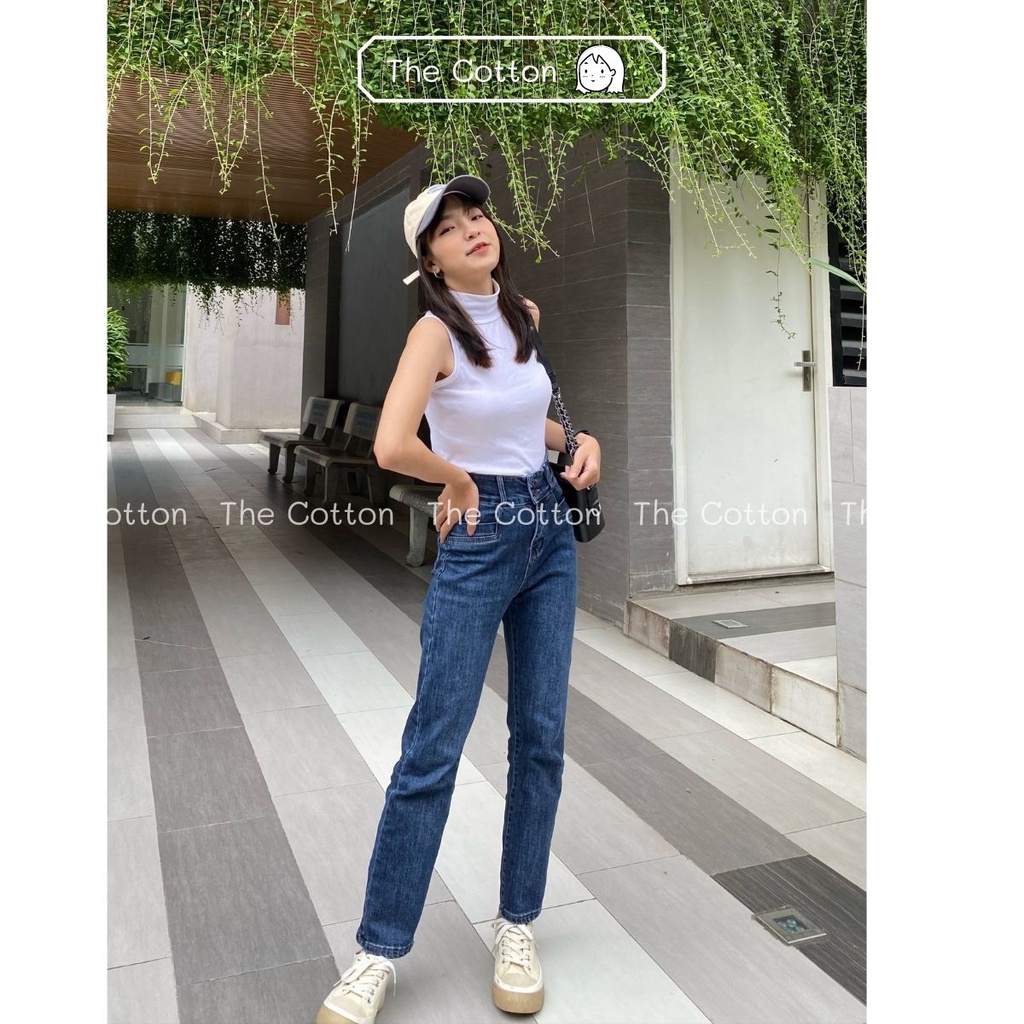 Quần Jean Ống Đứng Nữ 2 Màu Lưng Cao Co Giãn TheCotton Quần Bò Ống Đứng 2 Khuy Nữ ẢNH THẬT