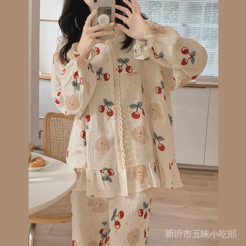 Bộ Đồ Ngủ Phối Ren Họa Tiết Trái Cherry Phong Cách Mới Ngọt Ngào Thời Trang Thu Đông Cho Nữ