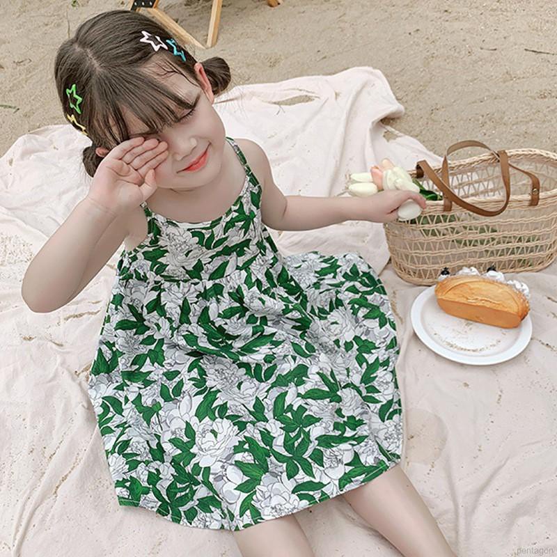 Đầm Công Chúa Hai Dây Hở Lưng In Hoa Phong Cách Hàn Quốc Cho Bé Gái