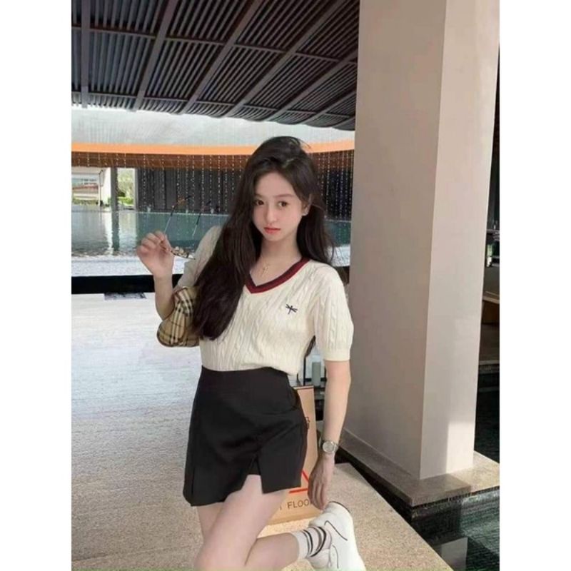 Áo len cổ tim viền hàng QC