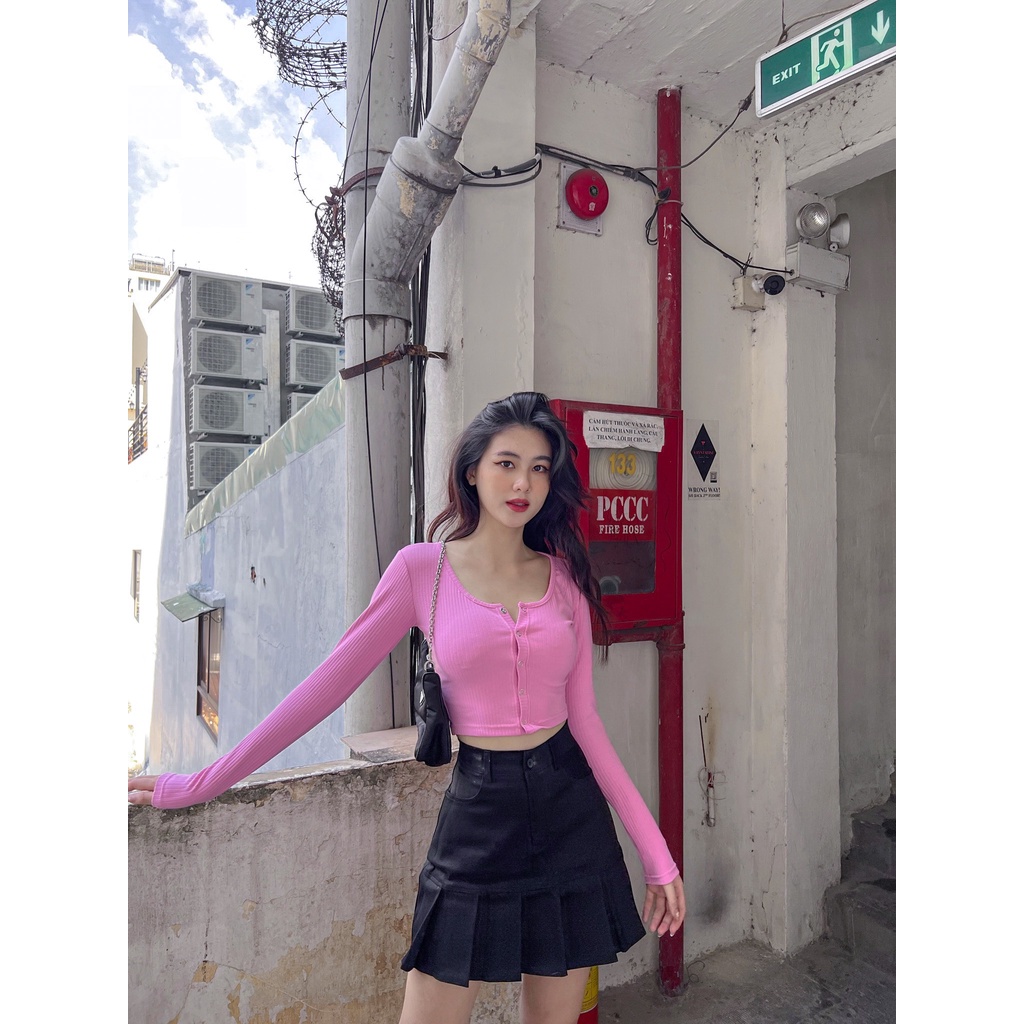 Áo croptop nữ tay dài HHVINTAGE kiểu bấm nút thun gân co giãn TOP A63