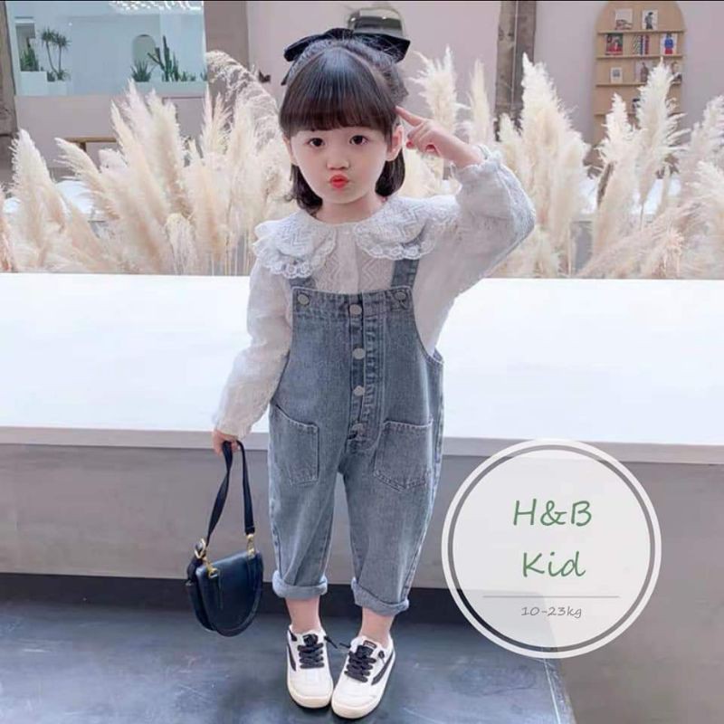 set yếm jean + áo sơ mi