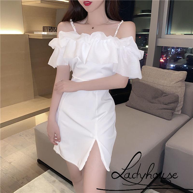 Ldd-đầm Tay Ngắn Trễ Vai Màu Trơn Đính Ngọc Trai Giả Một Mảnh Mùa Hè