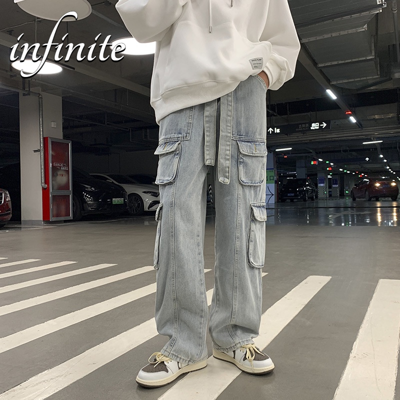 Quần Jean Dài Ống Rộng Phối Nhiều Túi Phong Cách hip hop Đường Phố Cá Tính Cho Nam