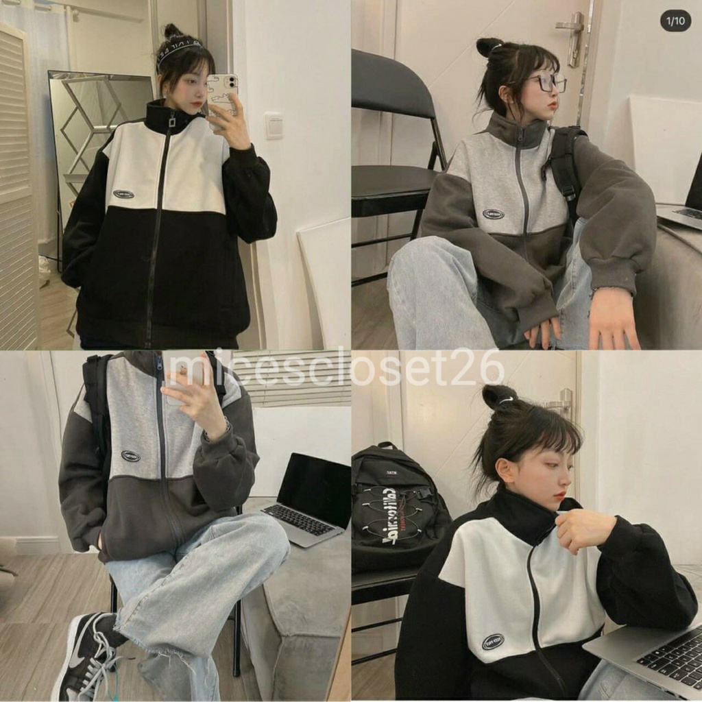 Áo khác nỉ phối màu KEEP PLAY. Khoác nỉ unisex dáng rộng 2 màu đen xám.