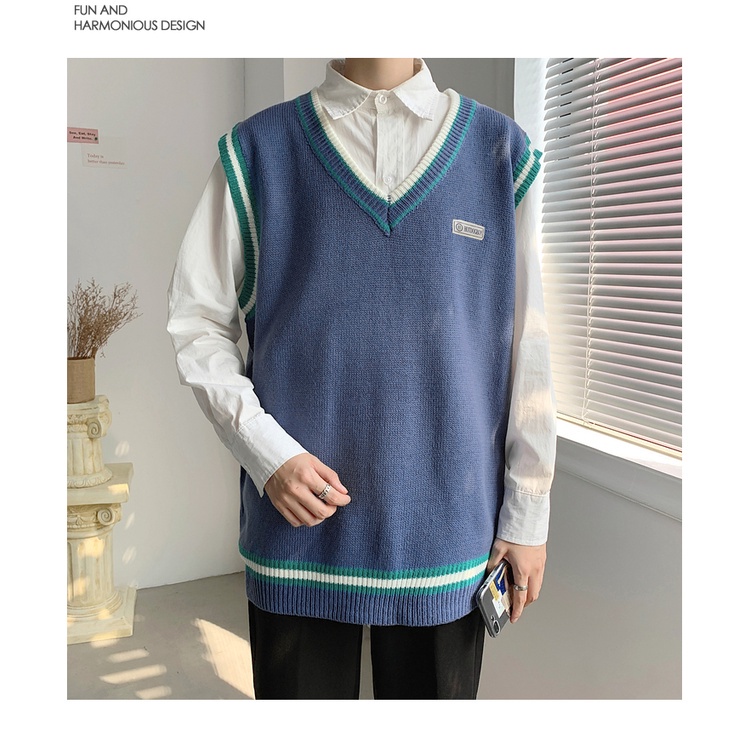 Áo sweater nam len cổ V không tay form rộng thời trang học sinh hàn quốc áo len mặc ngoài dáng unisex đi học đi chơi | BigBuy360 - bigbuy360.vn