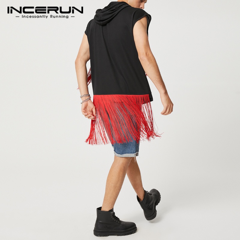 Áo hoodie INCERUN sát nách màu trơn tua rua thời trang cho nam