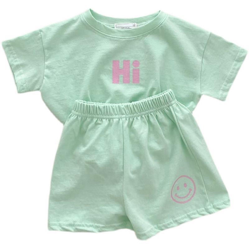 2023 Set Áo Thun Ngắn Tay + Quần Short In Hình Mặt Cười Cho Bé Gái