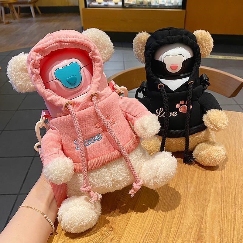 Bình nước giữ nhiệt phong cách gấu hoạt hình có ống hút xinh xắn tùy chọn