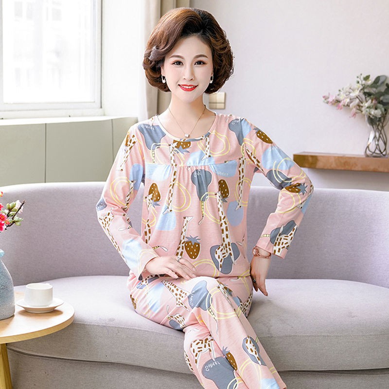 Đồ ngủ & Đồ mặc nhà☊┇▧Bộ đồ ngủ mùa xuân và thu bà mẹ trung niên cotton dài tay cho chồng già mặc ở nhà XL đô