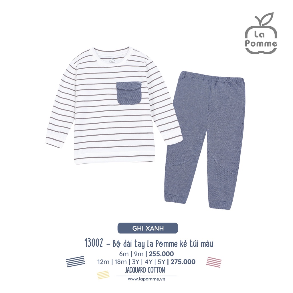Bộ La Pomme dài tay Cotton cao cấp mềm mịn thoáng mát thấm hút tốt kẻ sọc ngang túi ngực cho bé trai bé gái 13002