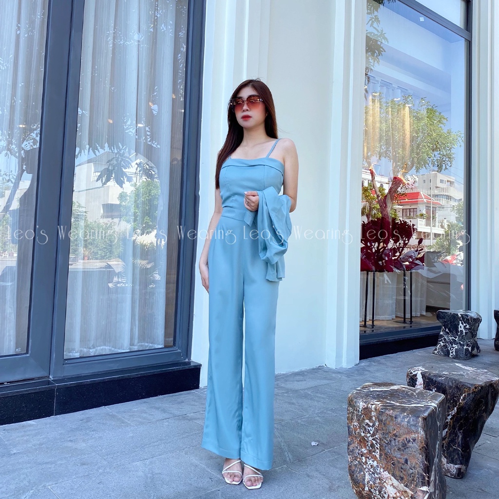 Bộ Jumsuit áo 2 dây liền quần ống rộng kèm áo khoác LEOSWEARING chất lụa trượt cao cấp mặc văn phòng đi tiệc H90