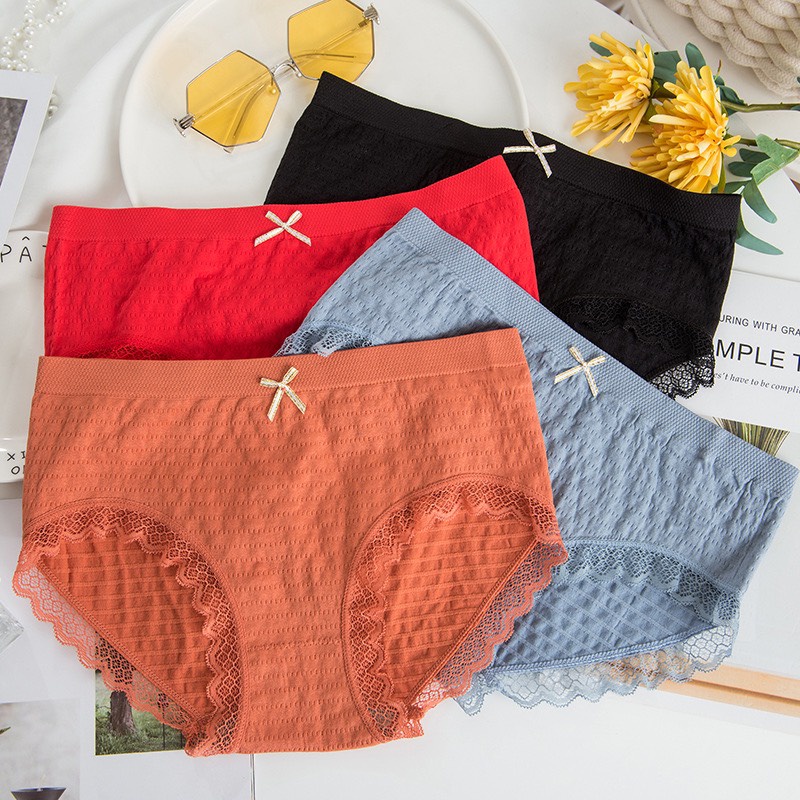 Quần lót Nữ Cotton Dệt Kim , Quần Chip Nữ kháng khuẩn thoáng mát đính nơ và phối ren xinh tôn vòng 3  QL182