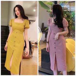 Đầm Caro Cổ Vuông Nút Gỗ