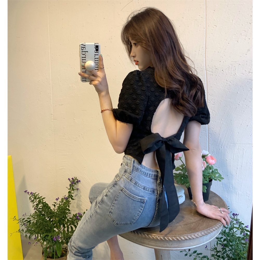 Áo croptop XIAOZHAINV tay phồng hở lưng thắt nơ phong cách Hàn Quốc gợi cảm cho nữ