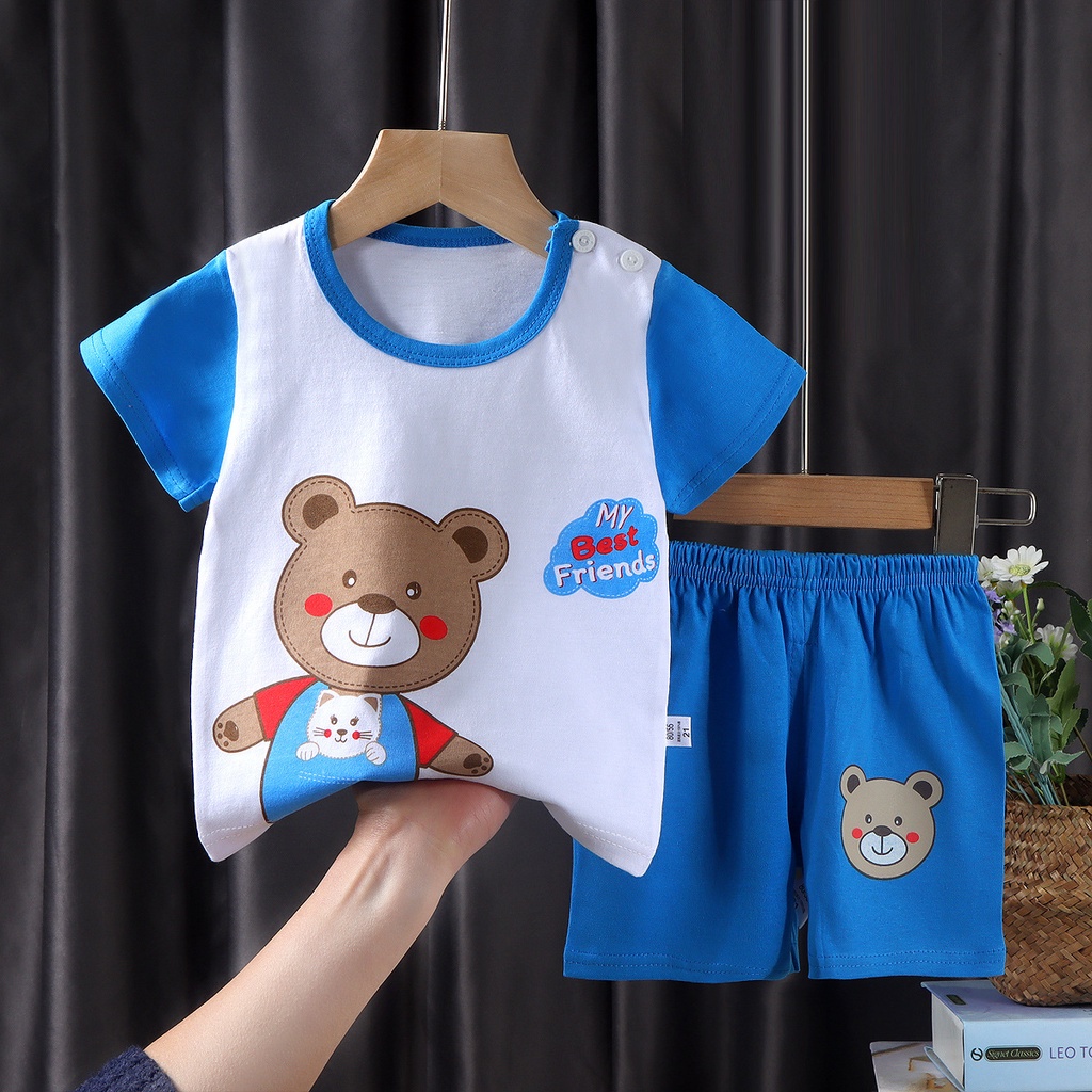 Bộ Áo Thun Tay Ngắn 100% Cotton In Họa Tiết Hoạt Hình Dễ Thương Thời Trang Mùa Hè Cho Bé Trai Và Gái