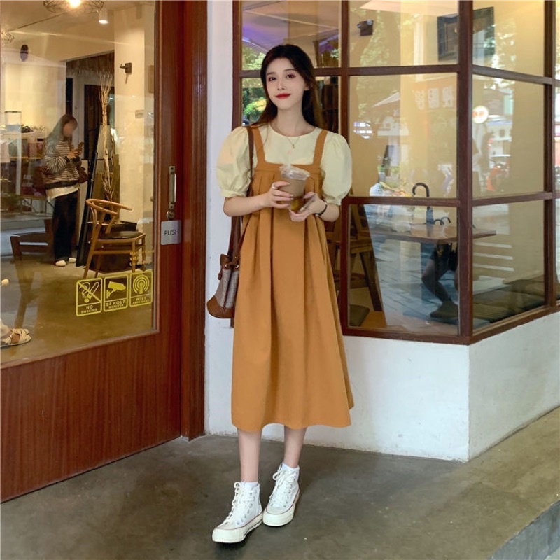 Set yếm xinh set đi picnic, đi chơi, đi du lịch áo voan yếm thô nâu dáng dài form oversize (ảnh thật/có sẵn)