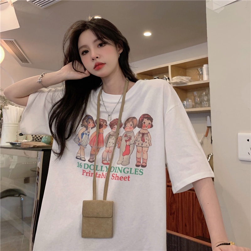 SUXI Áo Thun Tay Ngắn Cổ Tròn Form Rộng In Họa Tiết Hoạt Hình Thời Trang Mùa Hè Cho Nữ