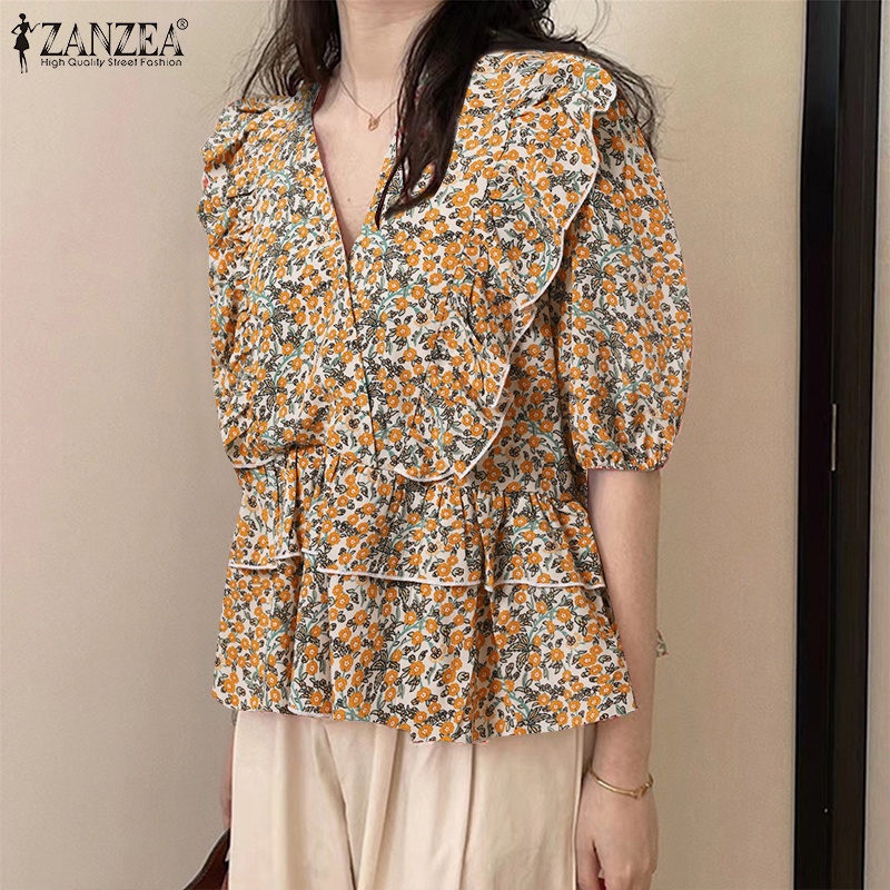 Áo kiểu ZANZEA tay phồng cổ chữ V in họa tiết thời trang cho nữ