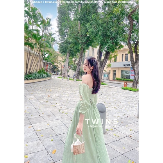 Set váy maxi trễ vai cut eo set rời có lót quần (Maya baby green set)