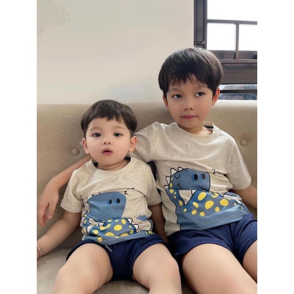 Bộ thun cộc tay hè khủng long bé trai (7-22kg), Set 3 bộ mặc nhà cotton cổ tròn họa tiết ngộ nghĩnh chất mềm mát