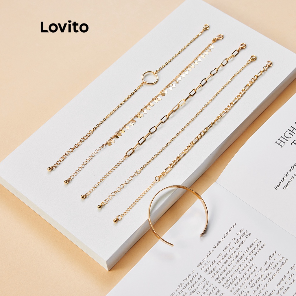 Vòng tay Lovito phối dây xích và nhẫn nạm đá phong cách tiệc tùng L17M439 (Màu vàng)