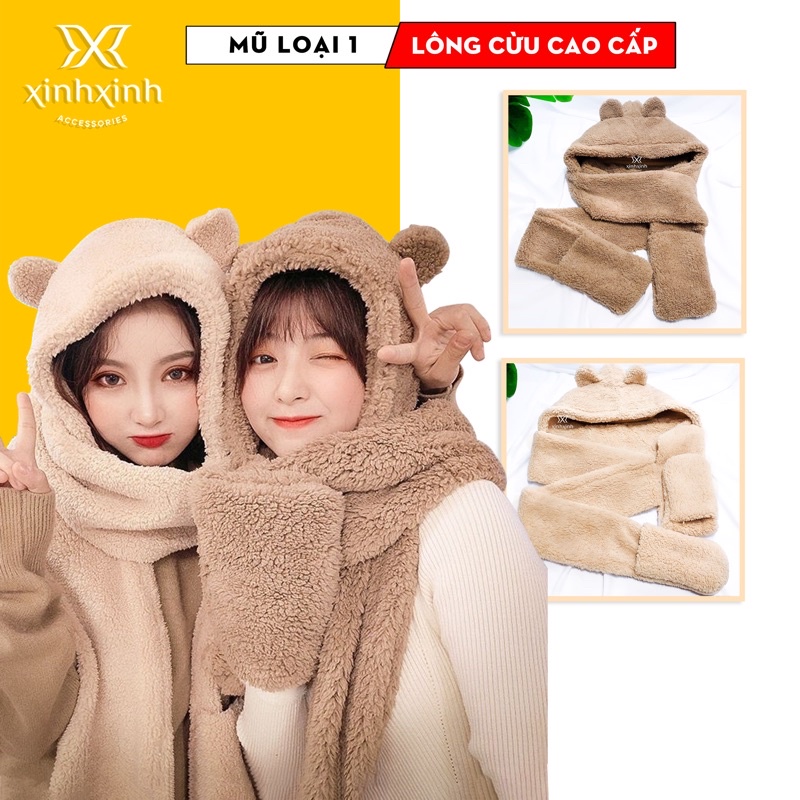 Mũ gấu 3in1 kèm găng tay, khăn quàng cổ dễ thương đáng yêu - Xinh Xinh Accessories
