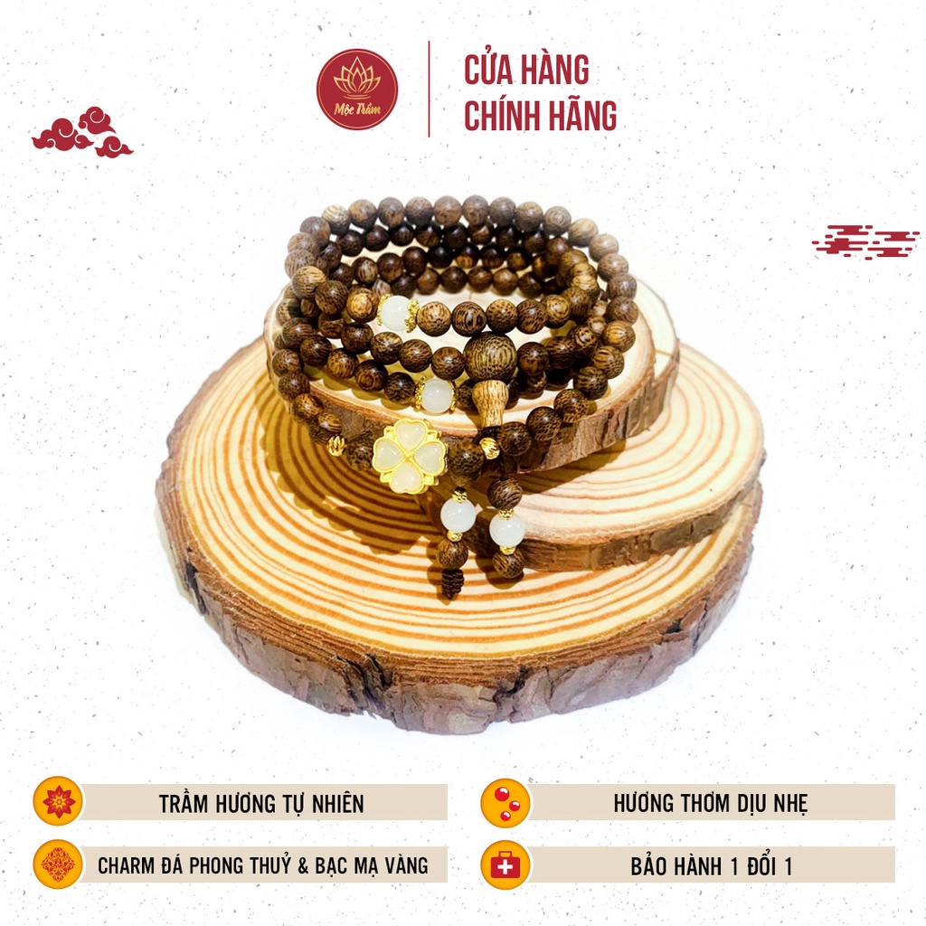 Vòng tay Trầm hương tự nhiên Việt Nam chuỗi tràng hạt 108/8mm kèm charm đá và bạc mạ vàng Mộc Trầm