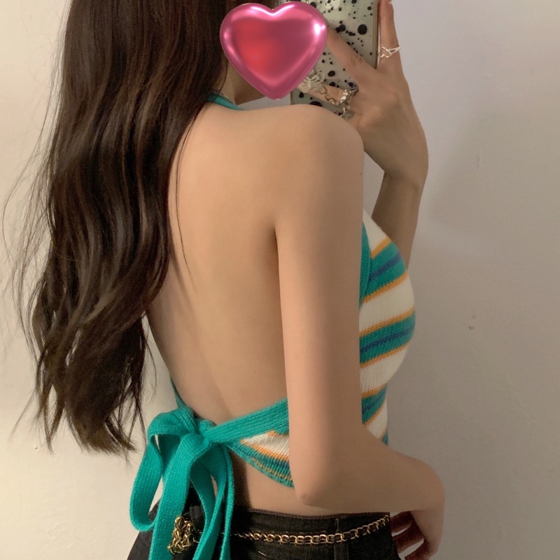 Áo croptop Hai Dây Hở Lưng Họa Tiết Kẻ Sọc 2 Màu Sắc Thời Trang Mùa Hè Cho Nữ