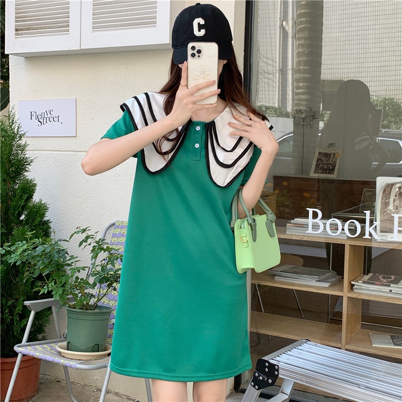 Đầm SUXI tay ngắn cổ búp bê dáng rộng thiết kế đơn giản thời trang mùa hè cho nữ