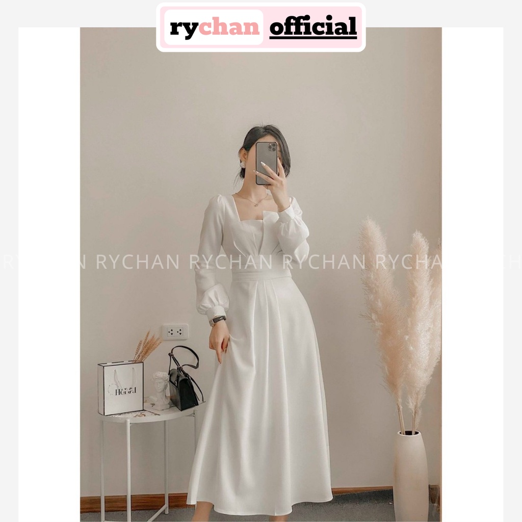 Đầm Xòe Midi Dài Tay Đắp Cổ Chiết Eo 2 Màu Sang Chảnh  - DX0065