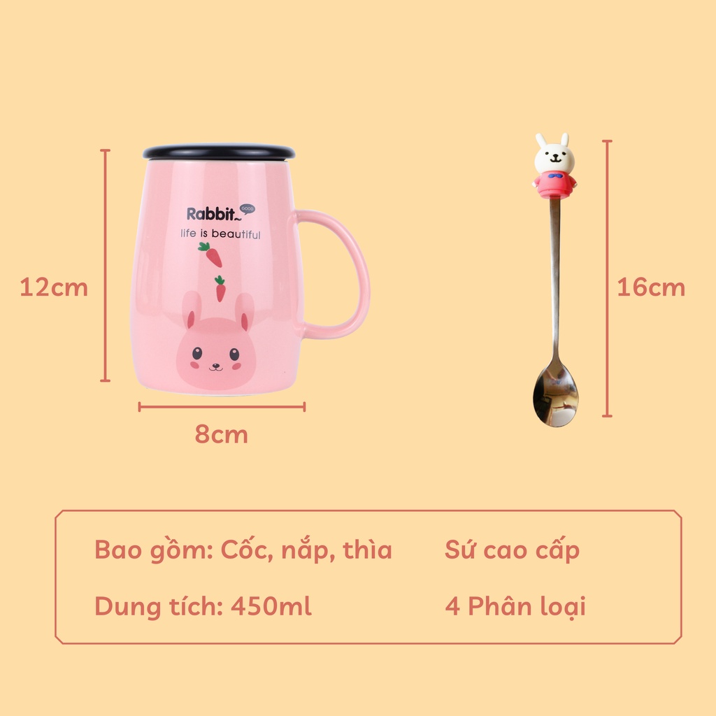 Ly cốc sứ uống nước dễ thương hình động vật 450ml cao cấp, kèm nắp và thìa pha cafe