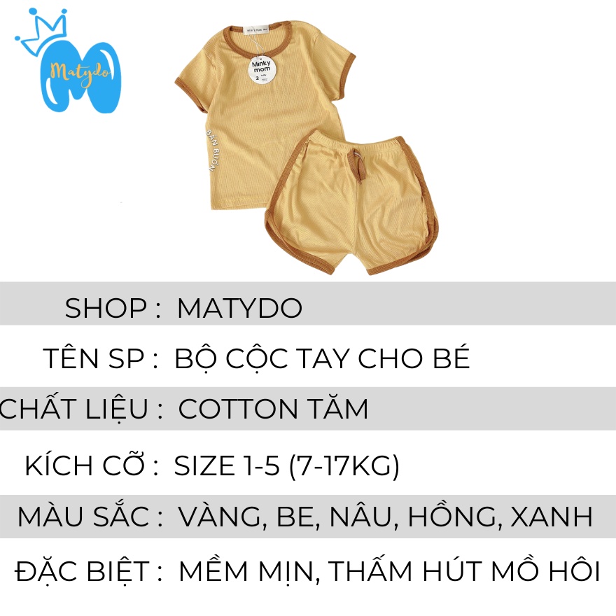 Bộ quần áo bé trai bé gái cộc tay cotton tăm mềm mịn thấm hút mồ hôi cho trẻ 7-17kg