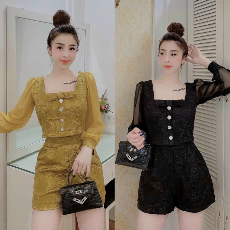 SET BỘ ĐỒ GẤM NỮ  PHỐI TAY VOAN CỔ VUÔNG CỰC SANG