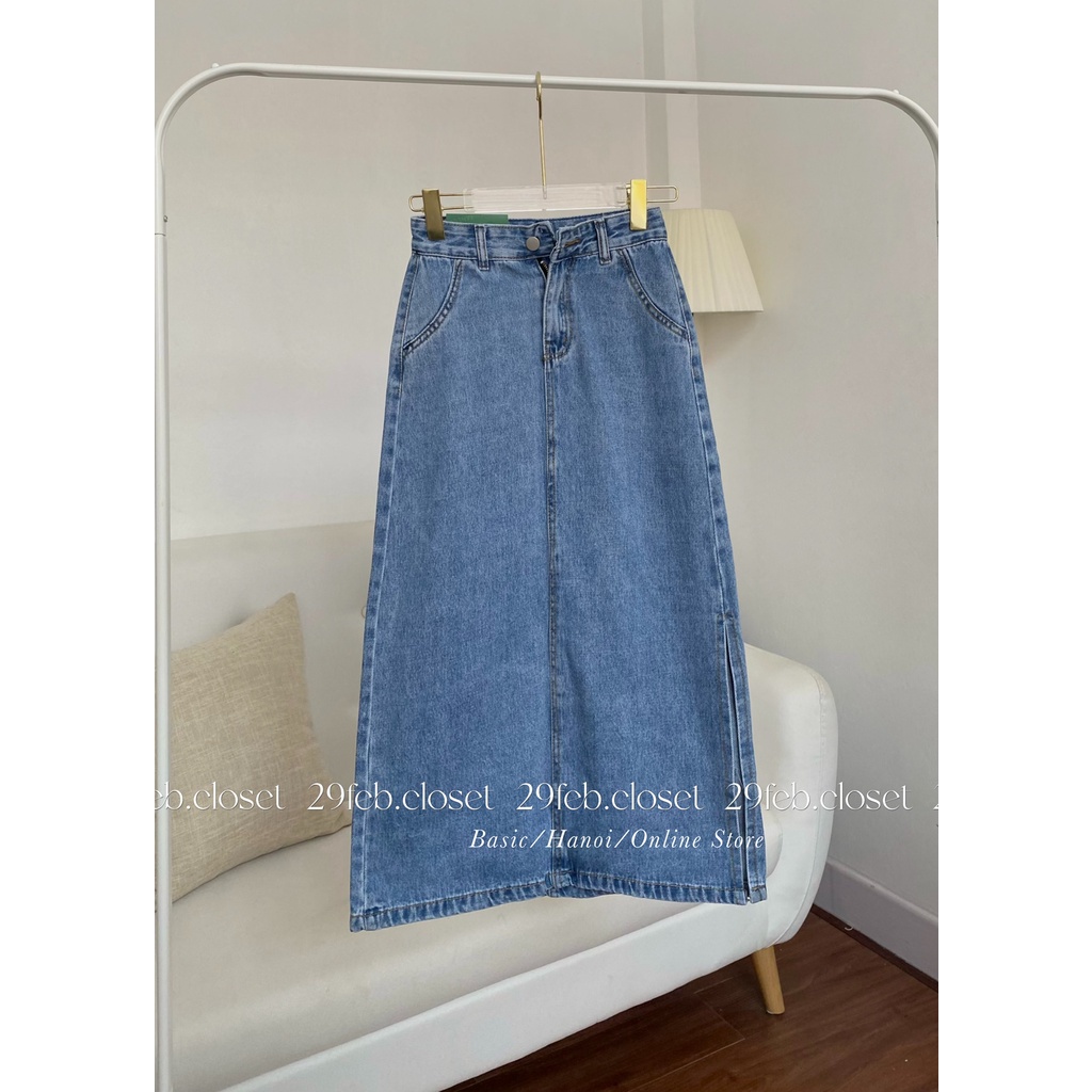 [Ảnh thật/Video] Chân váy jeans dáng dài xẻ 1 bên 2929 - 29feb.closet- CV3