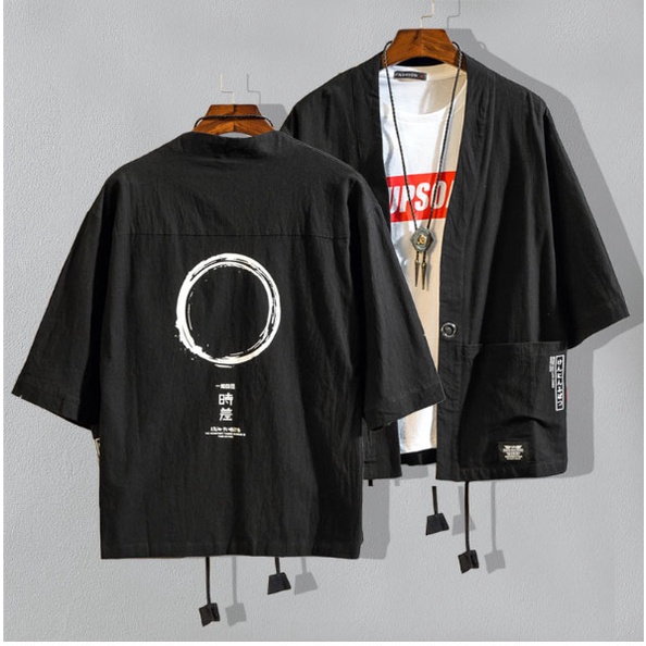 Áo khoác kimono haori trơn in chữ có dây buộc
