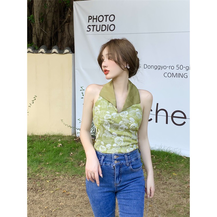 Áo kiểu nữ sát nách áo cổ yếm lụa chun lưng 1993S Boutique mã 4193