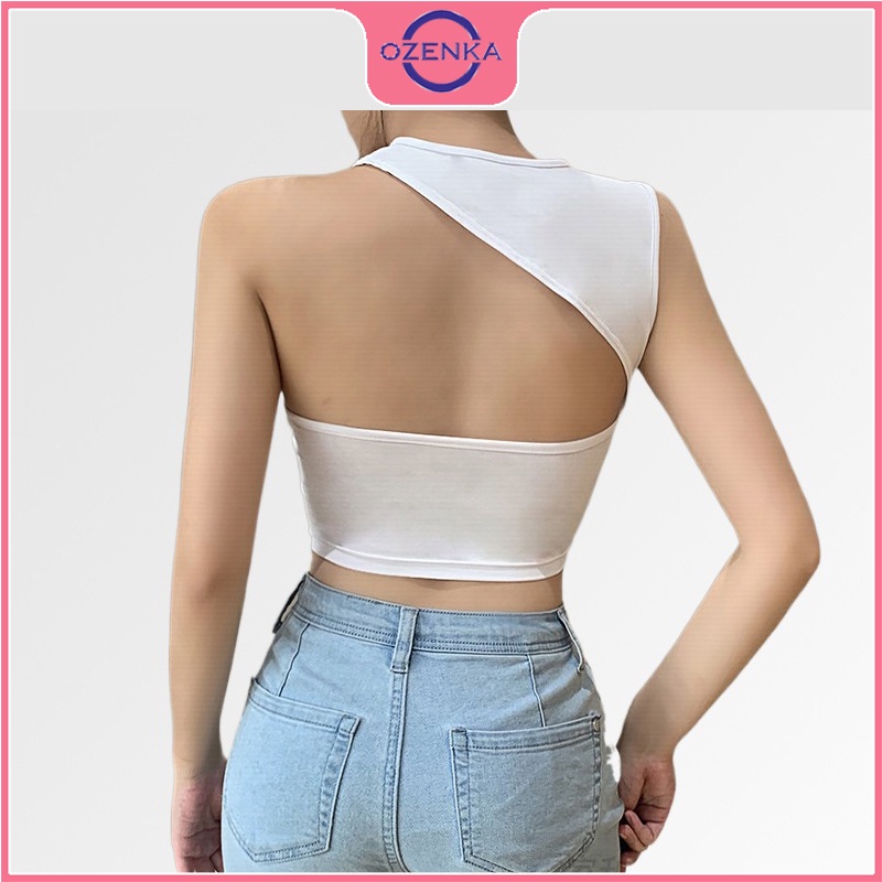 Áo croptop sát nách ôm nữ hở vai OZENKA , áo dệt kim không tay gợi cảm chất thun gân 100% cotton màu đen trắng dưới 50kg