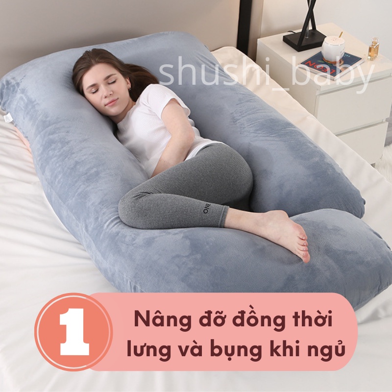 Gối Ôm Bà Bầu Hình Chữ U Vải Nhung Có Thiết Kế Gác Chân Shushi_baby [Tặng kèm bông nếu khách hàng có nhu cầu]
