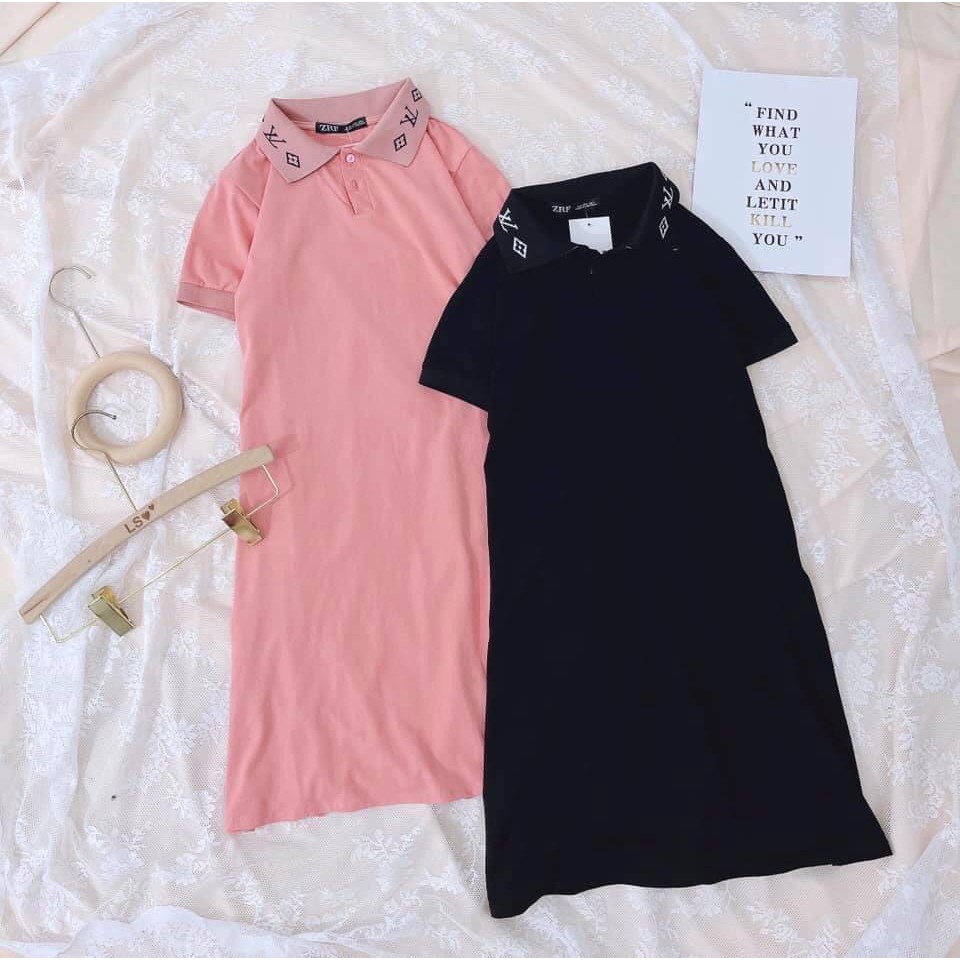 👗Váy PoLo bo cổ L.V_Đầm cổ sơ mi dáng ôm body, thun cộc tay màu ĐEN | HỒNG Ulzzang HOT👗