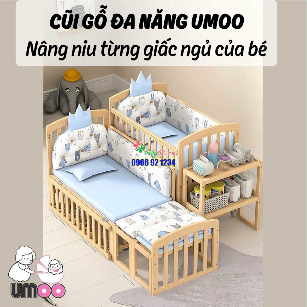 Cũi gỗ cho bé Umoo UM-08136 UM-08137 đa năng - Làm quây cũi, giường gỗ, bàn học, bập bênh cho bé