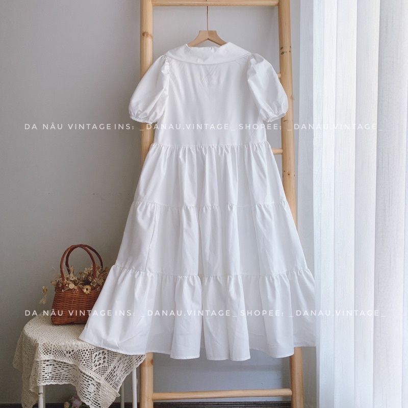 Đầm babydoll dáng dài cổ sen tay bồng