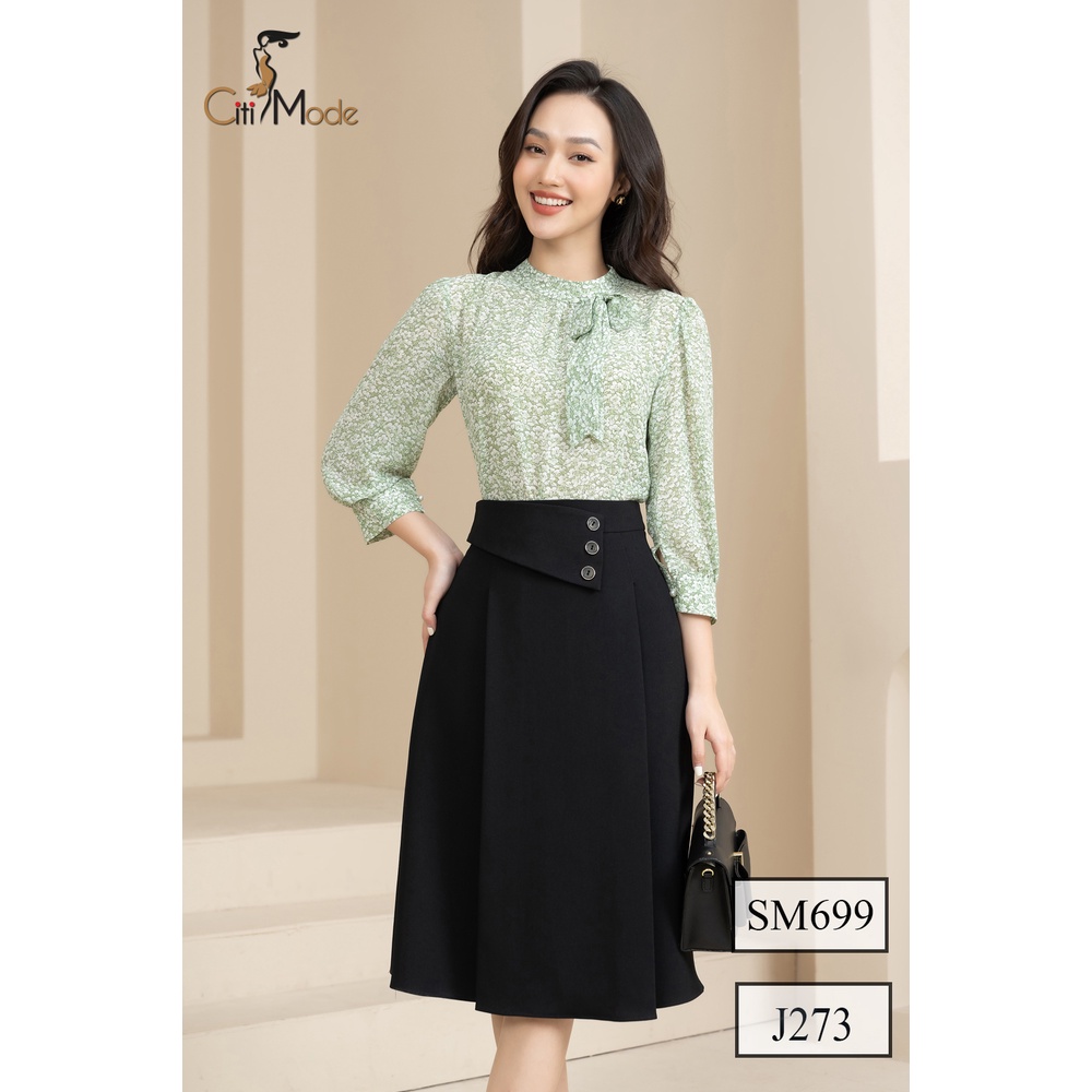 Áo sơ mi hoa nhí xanh lá tay lỡ cổ nơ SM699