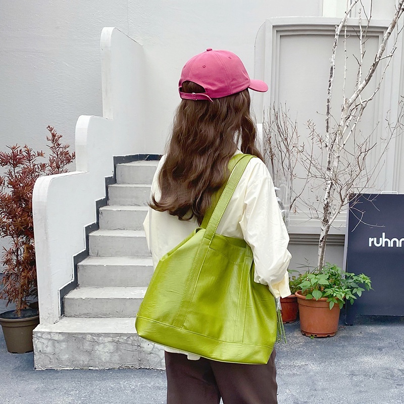 Túi Xách tote Da PU Mềm Cỡ Lớn Màu Xanh Bơ Phong Cách Hàn Quốc Cho Nữ