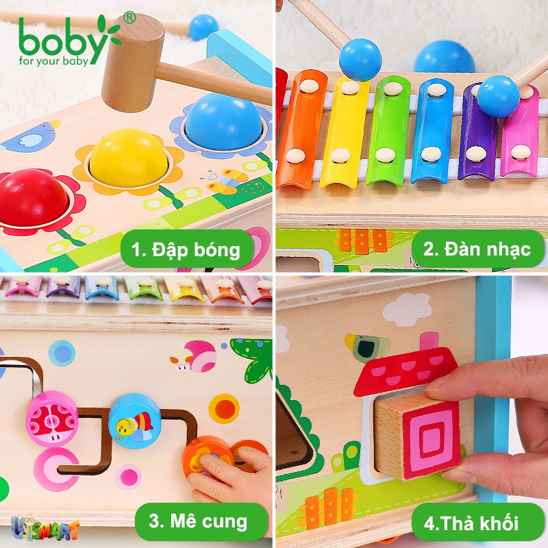 Đồ chơi gỗ Montessori cho bé Hộp đập bóng thả hình kèm đàn nhạc Boby