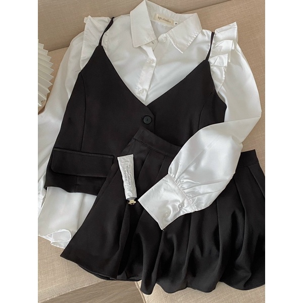 Set áo gile kèm sơ mi và chân váy xếp ly bánh bèo, tiểu thư B2.